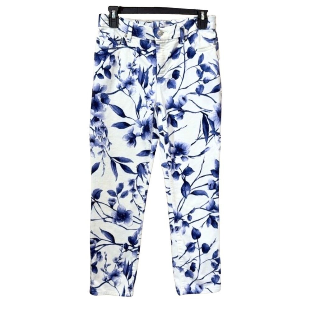 Chicos So Slimming‎ Girlfriend Crop Jeans Floral Blue White Size XS Regular